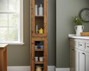 Tall kitchen display cabinet, 190H x 40W x 30D cm tall slim rustic glass door cabinet in natural wood, custom made in Somerset farmhouse UK