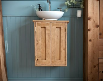 Under sink cabinet, rustic bathroom wall mounted vanity wash stand 65H x 50W x 38D cm 2 doors, country cottage custom handmade Somerset UK