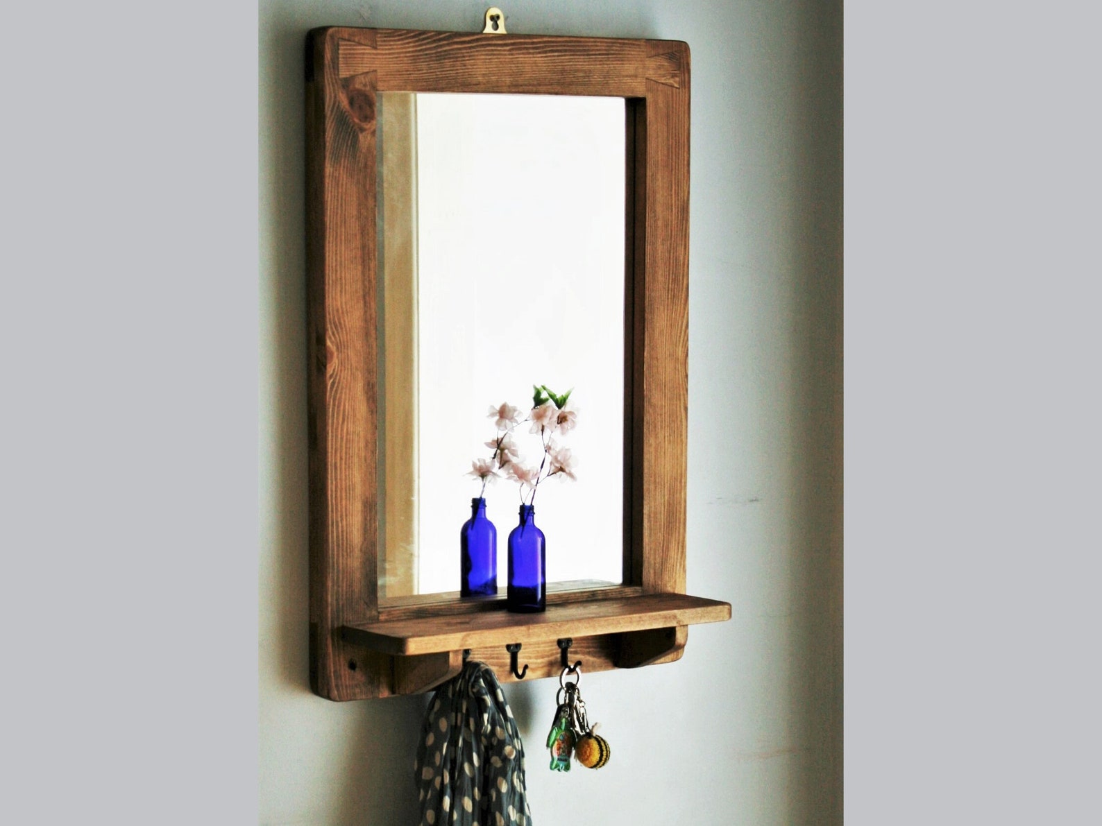 Wooden Mirror With Shelf & 3 Cast Iron Key Coat Hooks 76H X Etsy