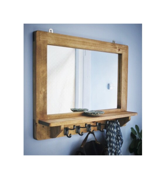 Large Mirror With Shelf 5 Iron Hooks Wide Wooden Frame Sustainable Wood 76w X 61h Cm Custom Handmade Modern Rustic Style From Somerset