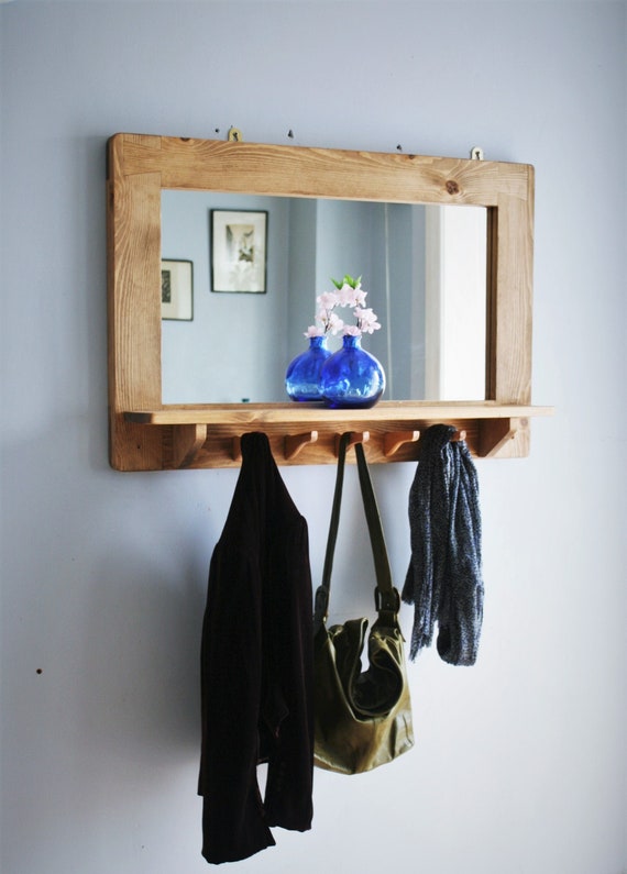 Large Mirror With Shelf 5 Coat Hooks Natural Wood Hallway Bathroom Salon Rustic Simplicity Custom Handmade In Somerset Uk