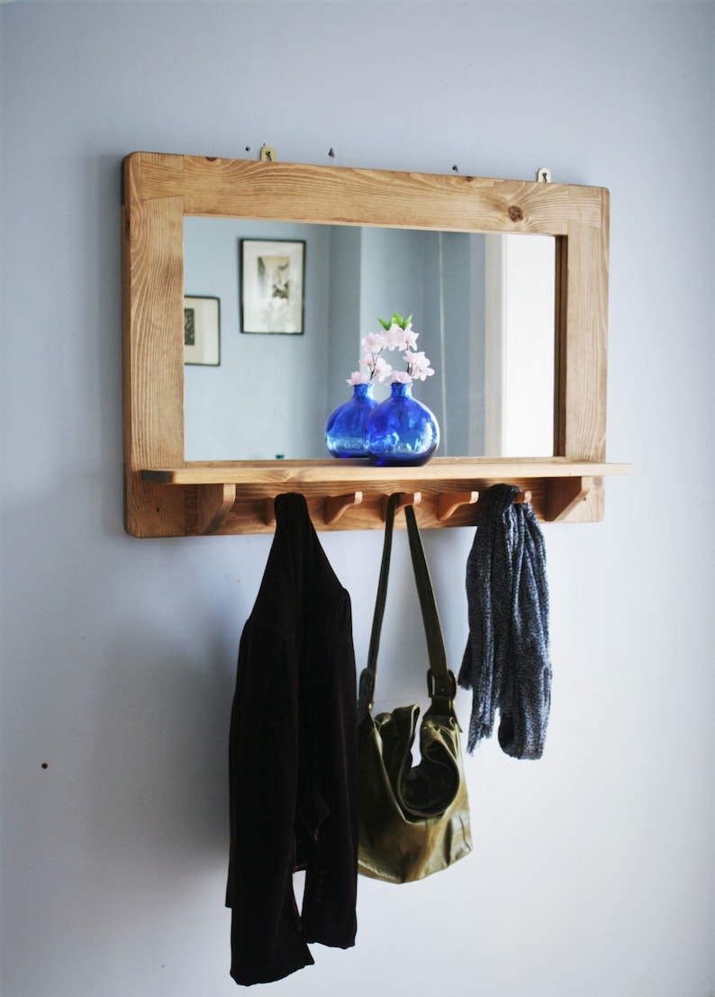 Large Mirror With Shelf 5 Coat Hooks Light Wooden Frame In Natural Wood Custom Sizes Handmade Modern Rustic Style Somerset Uk