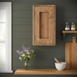 kitchen wall cabinet and slim storage cupboard in natural wood, with 3 shelves, single door, rustic dark wood, cottage style, Somerset UK Dark Danish Oil