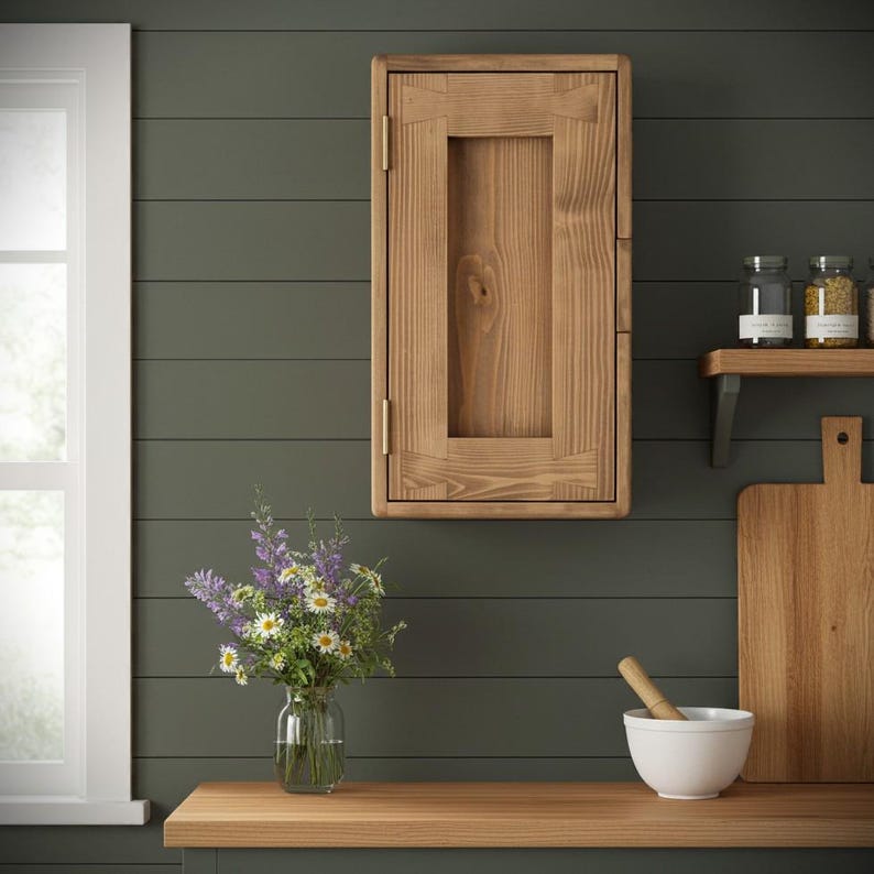 kitchen wall cabinet and slim storage cupboard in natural wood, with 3 shelves, single door, rustic dark wood, cottage style, Somerset UK Dark Danish Oil