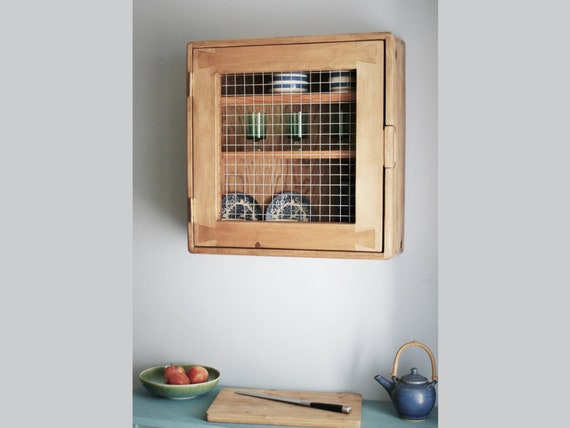 Kitchen Cabinet and Storage Wall Cupboard in Natural Wood, With 3 Shelves,  Single Mesh Door, Rustic Farmhouse Industrial Style, Somerset UK 