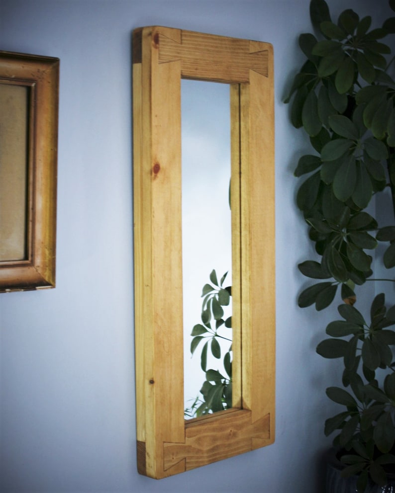 tall wooden mirror, chunky rustic natural frame, hallway, bathroom, bedroom dressing table, narrow 69 x 31 cm, custom handmade Somerset UK afbeelding 5