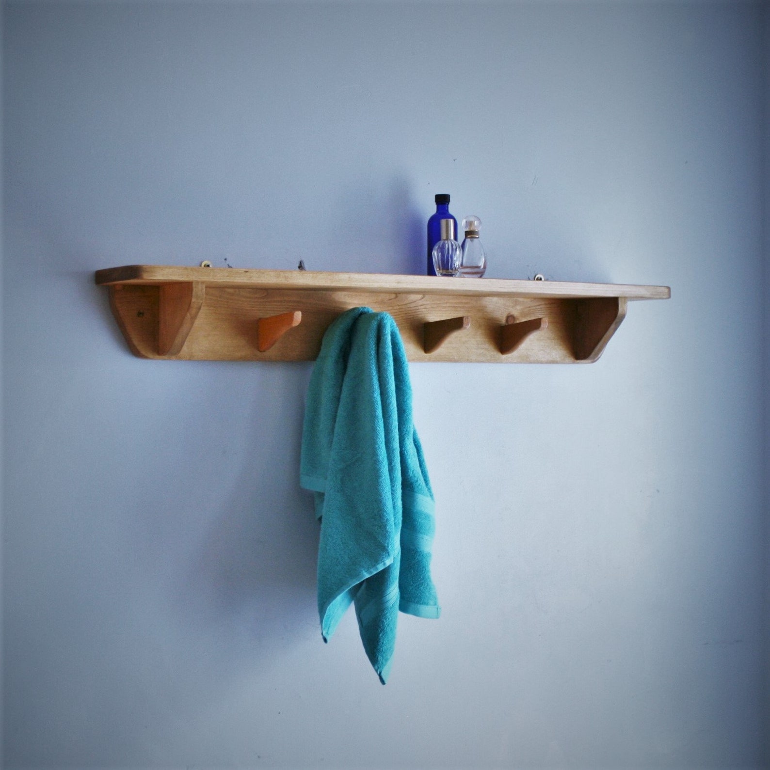 Wooden bathroom wall shelf with hooks 90 cm long 4 wooden Etsy