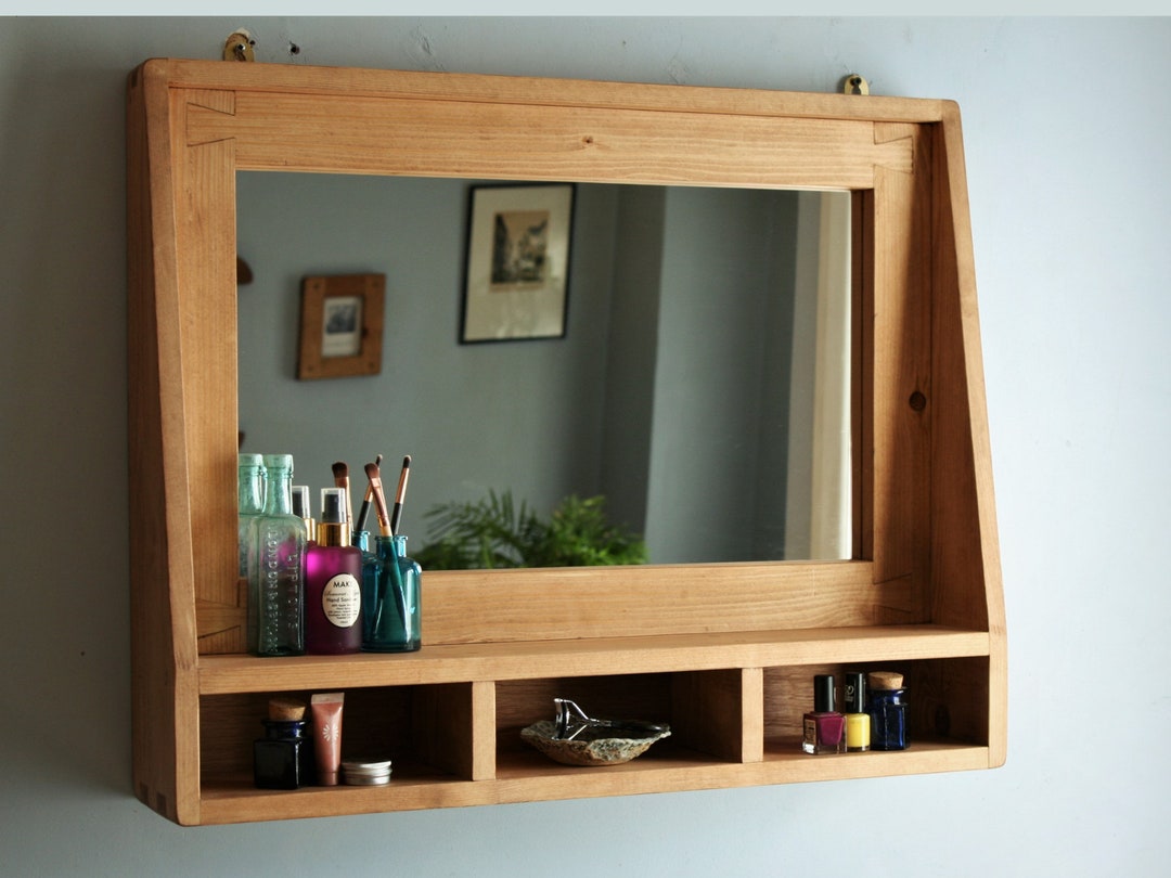 Large Mirror With Shelf in Natural Rustic Wood Cubby Storage Etsy UK