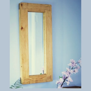 tall wooden mirror, chunky rustic natural frame, hallway, bathroom, bedroom dressing table, narrow 69 x 31 cm, custom handmade Somerset UK afbeelding 1