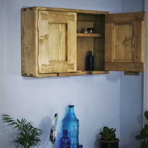 Short wooden bathroom cabinet, rustic medicine wall cupboard 40Hx60Wx14Dcm, 2 doors 2 shelves, farmhouse industrial, custom made Somerset UK image 2