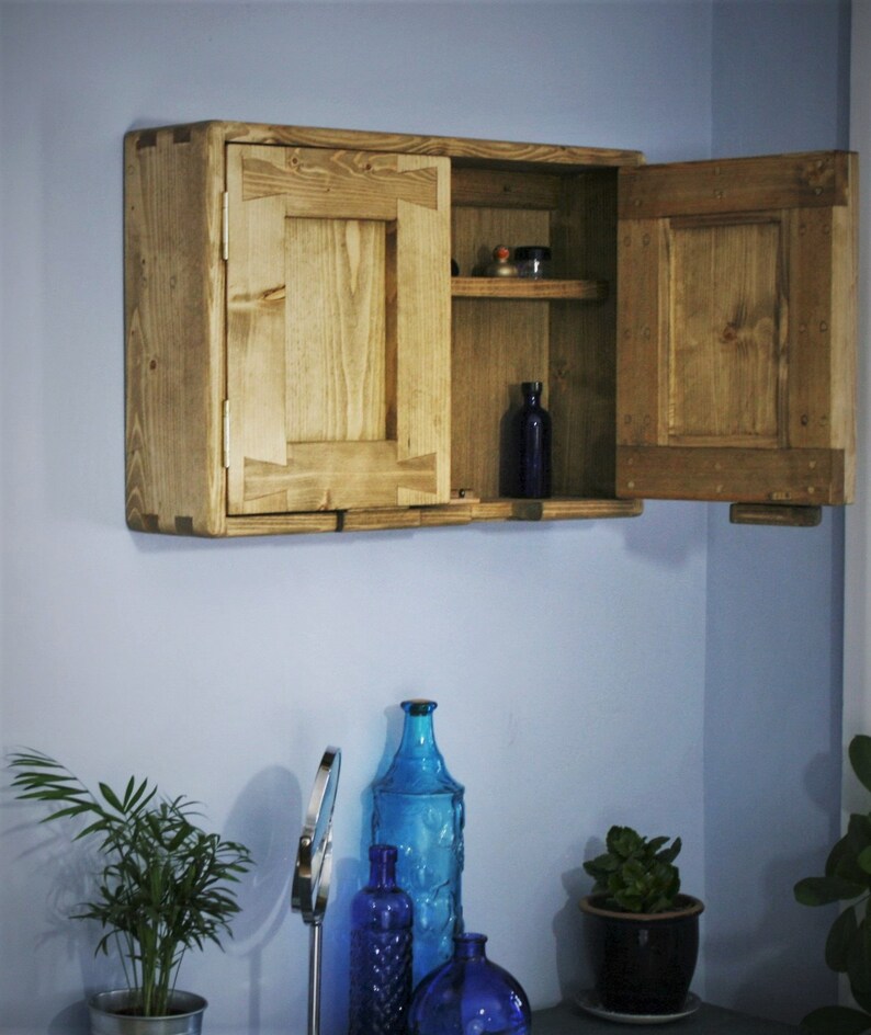 Short wooden bathroom cabinet, rustic medicine wall cupboard 40Hx60Wx14Dcm, 2 doors 2 shelves, farmhouse industrial, custom made Somerset UK image 2