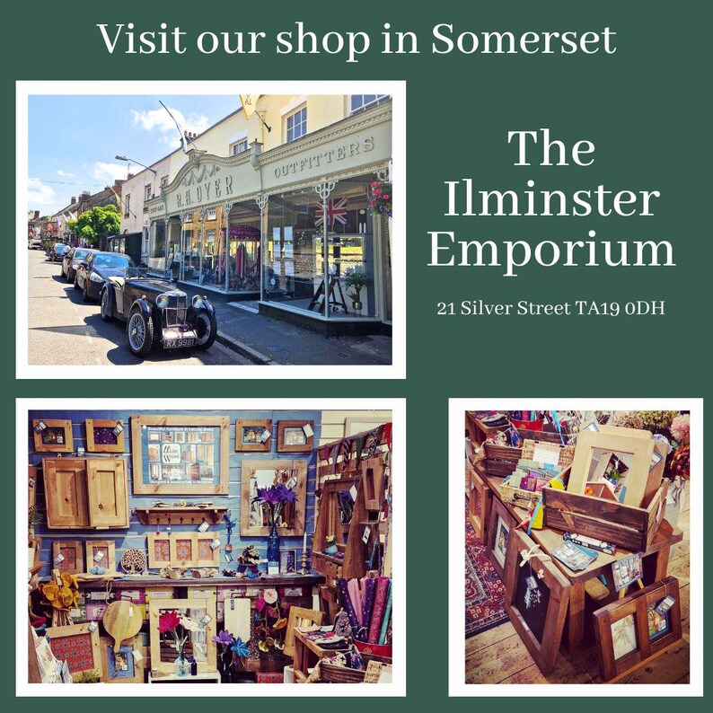 May include: Image of The Ilminster Emporium shopfront in Somerset, with a vintage car parked outside. The shop's name and address are visible. The image also shows a display of picture frames and decorative items.