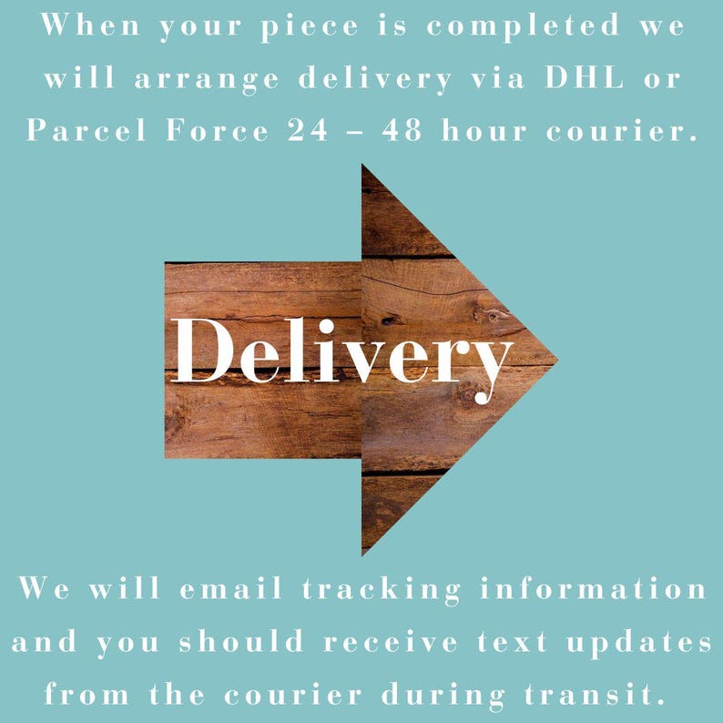 May include: A teal background with a wooden arrow pointing right, labeled "Delivery" in white text. Additional text describes the delivery process, including courier services and tracking information.