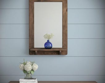 large wall mirror with shelf in natural wood, tall candle shelf, bathroom, dressing & hall mirror, custom handmade modern rustic Somerset UK