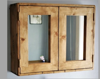 Large wooden bathroom cabinet, double mirrored doors, natural wood medicine mirror cabinet wide over sink vanity custom handmade Somerset UK