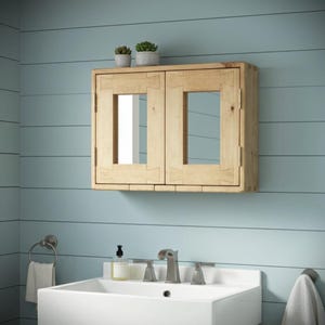 wooden bathroom mirror medicine, wall cabinet, industrial, 40H x 60W x 14D cm, 2 doors, 2 shelves, natural rustic wood, made in Somerset UK