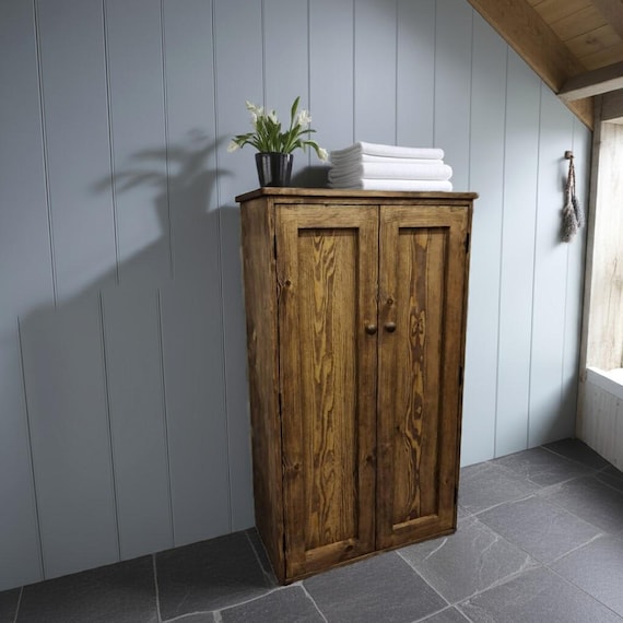 Tall rustic bathroom cabinet, linen cupboard, laundry utility shelves with doors, 130Hx68Wx36.5Dcm natural wood, Somerset UK Not free delive