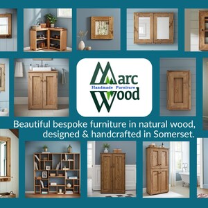 May include: A collage of wooden furniture pieces, including mirrors, cabinets, and shelving units. The furniture is made of natural wood and has a rustic, handcrafted appearance. The image includes the text "Marc Wood Handmade Furniture" and "Beautiful bespoke furniture in natural wood, designed & handcrafted in Somerset."