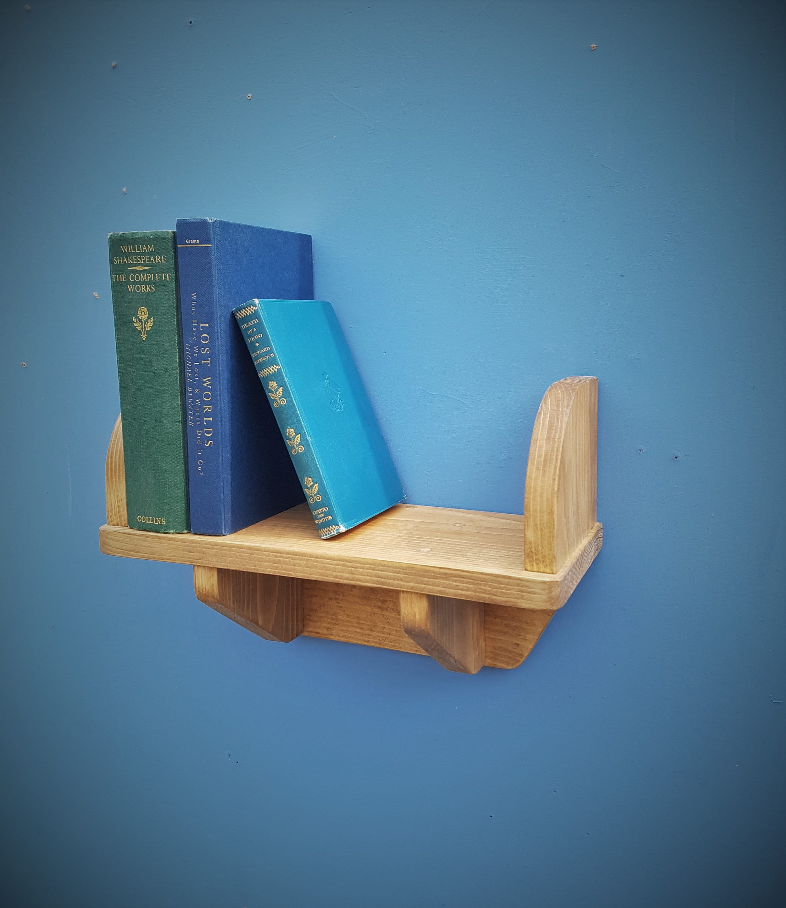 Small wooden wall shelf with book ends and wood brackets 44 cm Etsy