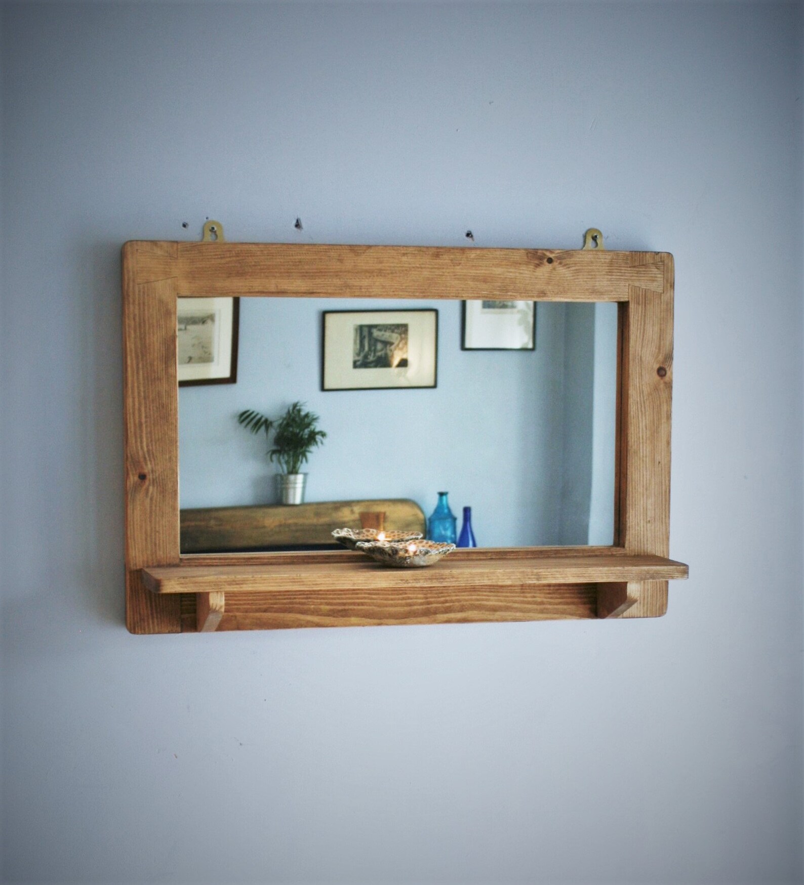 Large Wooden Mirror With Shelf Rustic Hallway Bathroom and Etsy