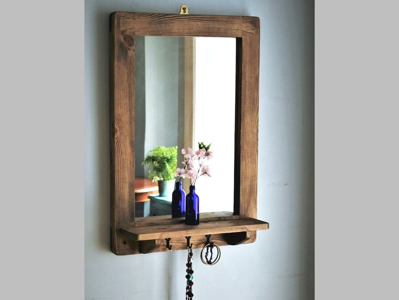 Wooden mirror with shelf & 3 cast iron key coat hooks 76H X image 1