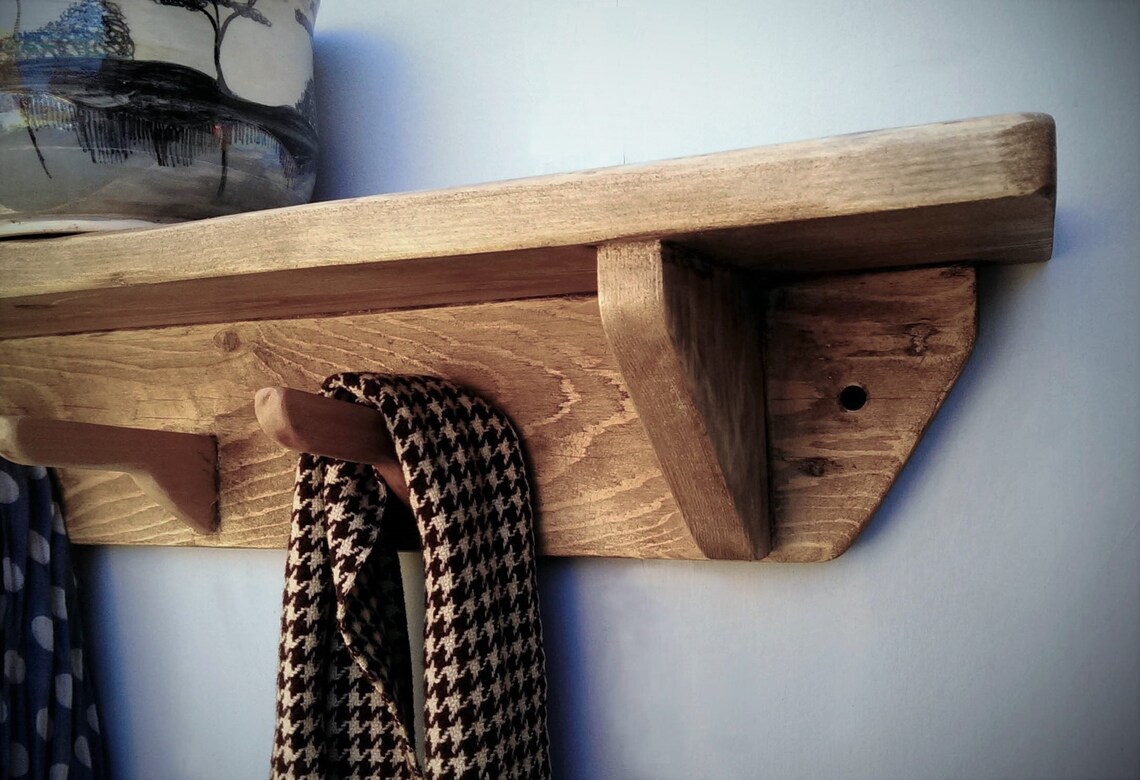 Chunky wooden wall shelf with hooks light natural wood 3 Etsy