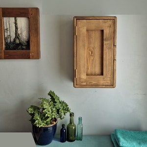 Slim bathroom wall cabinet, over sink medicine cupboard in natural dark wood, with 3 shelves, x1 door, rustic farmhouse from Somerset UK
