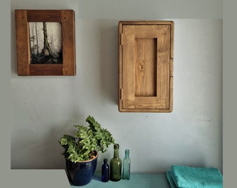 Slim bathroom wall cabinet, over sink medicine cupboard in natural dark wood, with 3 shelves, x1 door, rustic farmhouse from Somerset UK