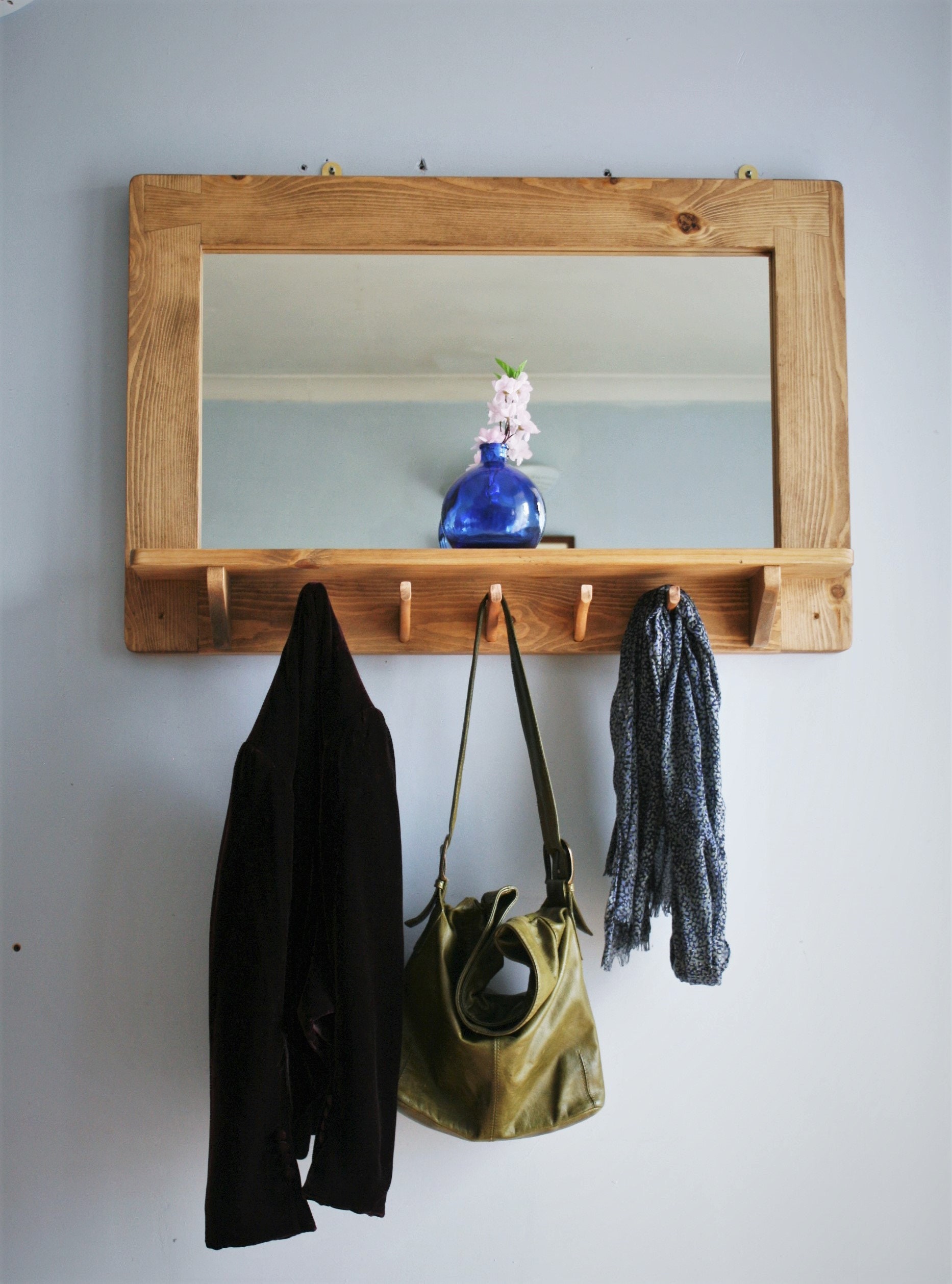 Large mirror with shelf 5 coat hooks natural wood hallway Etsy