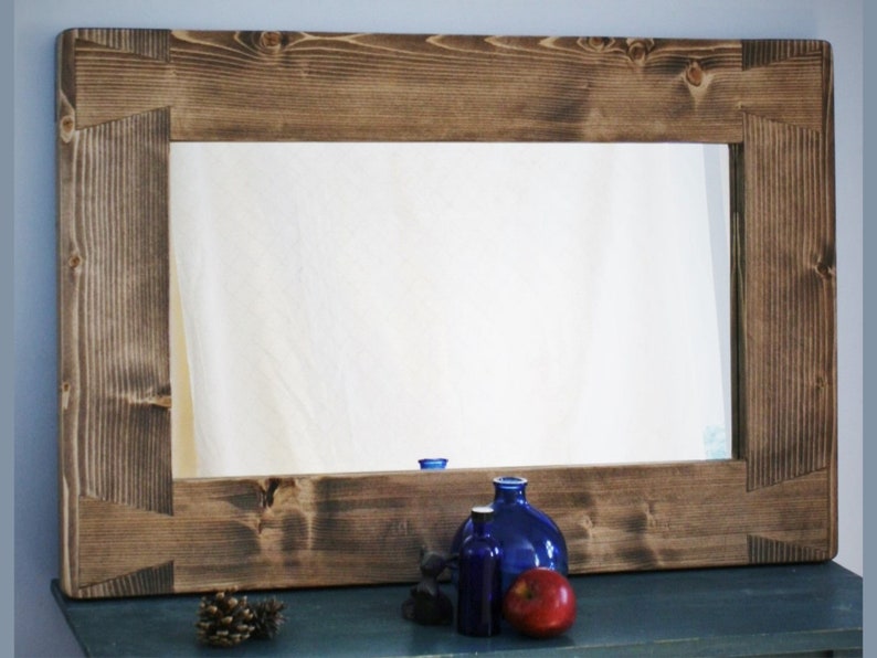 Large wooden wall mirror with a thick & chunky dark rustic Dark Danish Oil