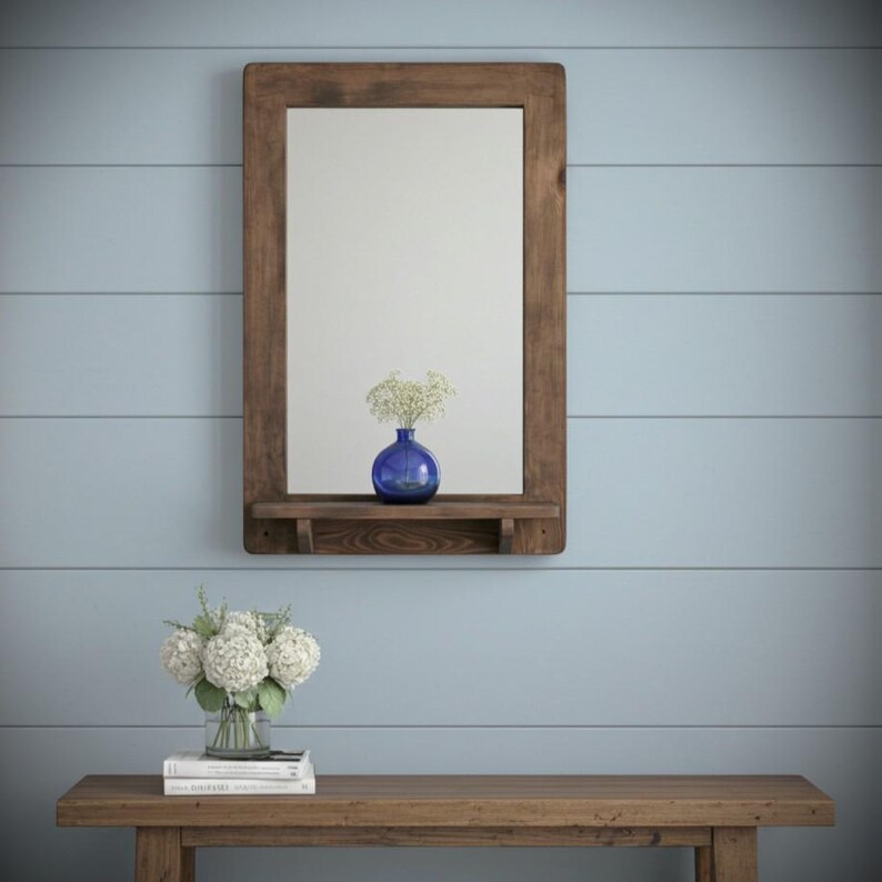 large wooden mirror with shelf, rustic hallway, bathroom and salon bedroom dressing mirror with candle shelf, custom handmade in Somerset UK image 8