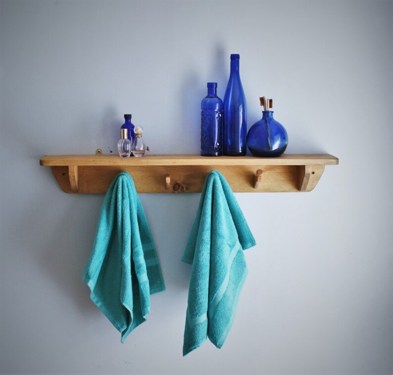 Wooden bathroom wall shelf with hooks 90 cm long 4 wooden Etsy