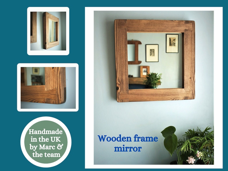 square wall mirror with thick frame in natural rustic wood, small hallway, bathroom, bedroom, industrial, farmhouse style from Somerset UK image 2