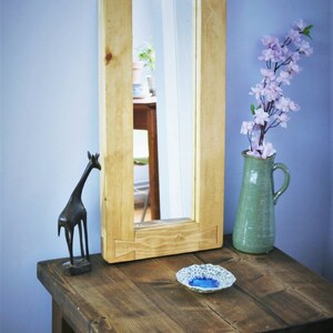 tall wooden mirror, chunky rustic natural frame, hallway, bathroom, bedroom dressing table, narrow 69 x 31 cm, custom handmade Somerset UK image 6