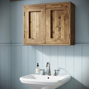 Bathroom cabinet, double wooden doors, large over sink medicine wall vanity, 3 shelves, rustic industrial, custom handmade in Somerset UK