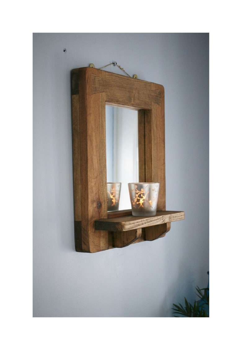 Wood Mirror With Shelf Dark Real Thick Wide Natural Frame Modern Rustic Farmhouse Custom Handmade In Somerset Uk