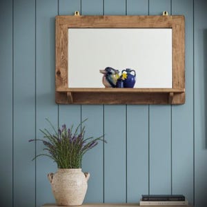 large wooden mirror with shelf, rustic hallway, bathroom and salon bedroom dressing mirror with candle shelf, custom handmade in Somerset UK Dark Danish Oil