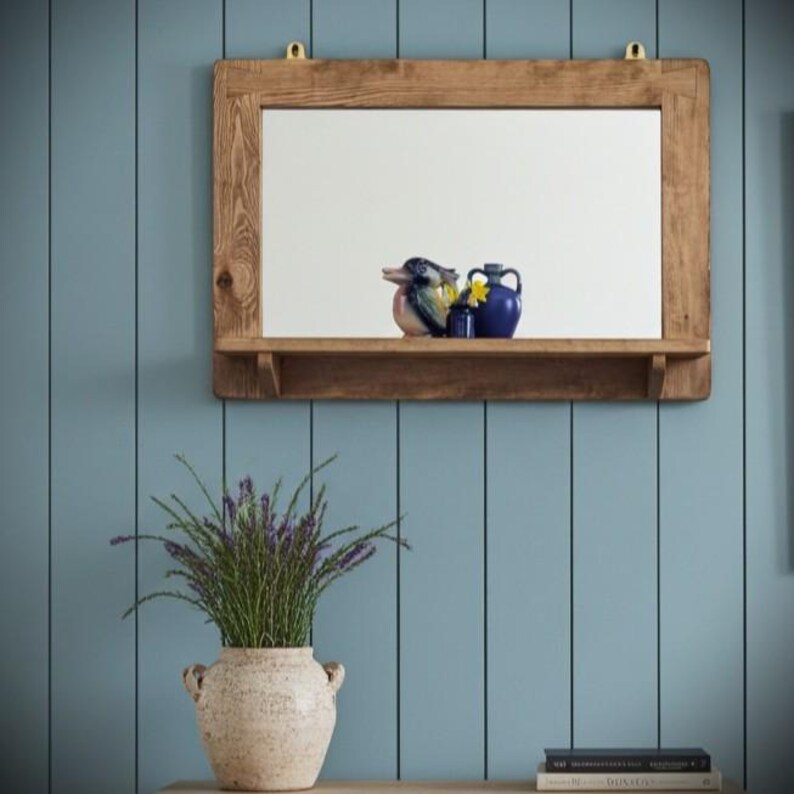 large wooden mirror with shelf, rustic hallway, bathroom and salon bedroom dressing mirror with candle shelf, custom handmade in Somerset UK Dark Danish Oil