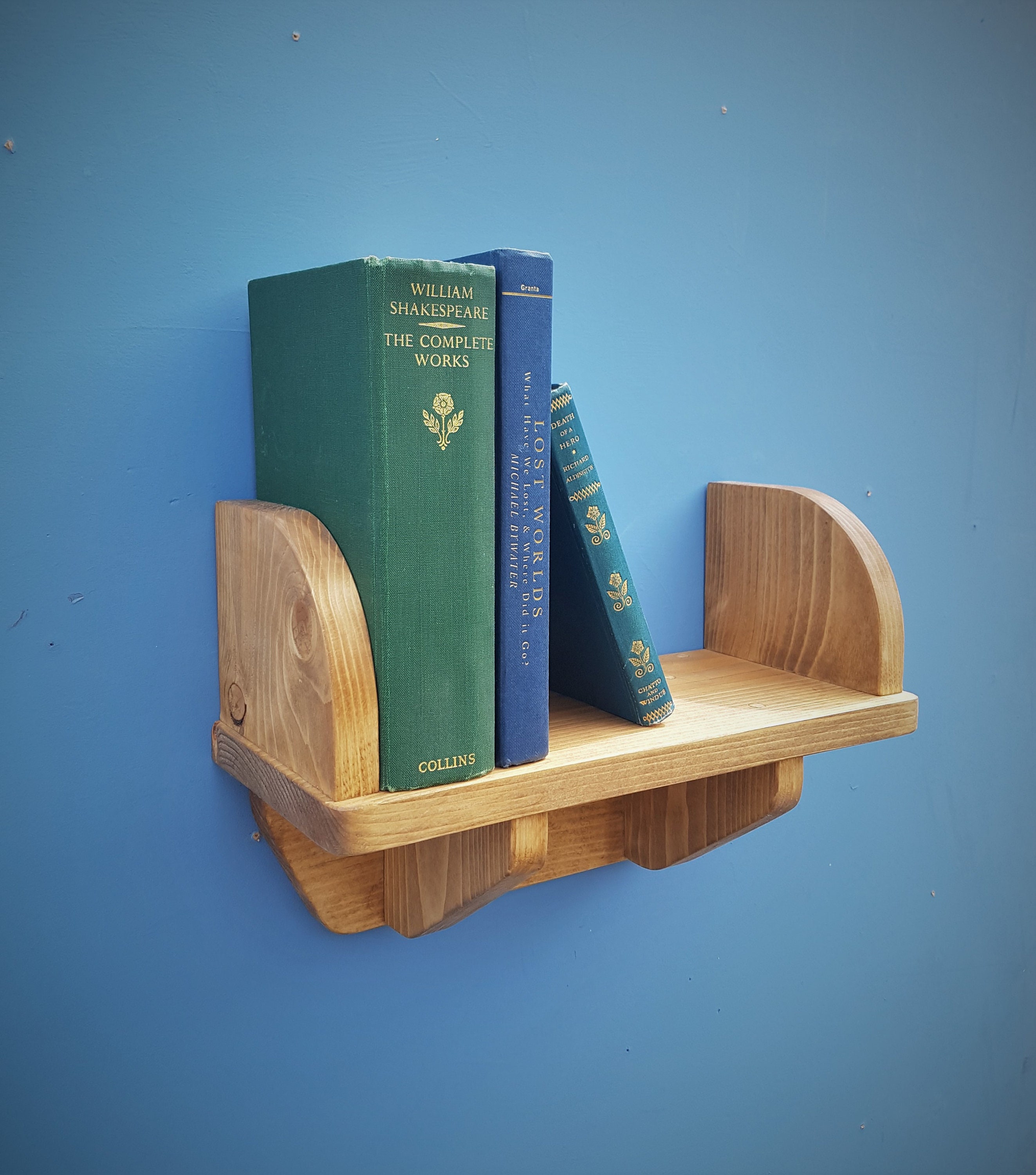 Small wooden wall shelf with book ends and wood brackets 44 cm Etsy