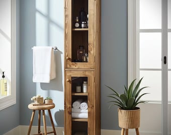 Tall bathroom beauty display cabinet 190H x 40W x 30D cm tall natural wood, country house spa salon, custom made Somerset UK