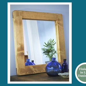 square wall mirror with thick frame in natural rustic wood, small hallway, bathroom, bedroom, industrial, farmhouse style from Somerset UK Light Danish Oil