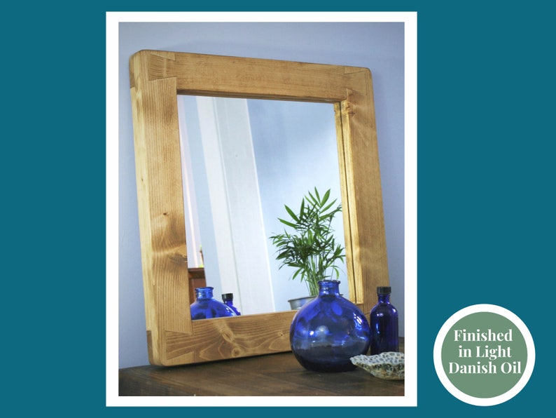 square wall mirror with thick frame in natural rustic wood, small hallway, bathroom, bedroom, industrial, farmhouse style from Somerset UK Light Danish Oil