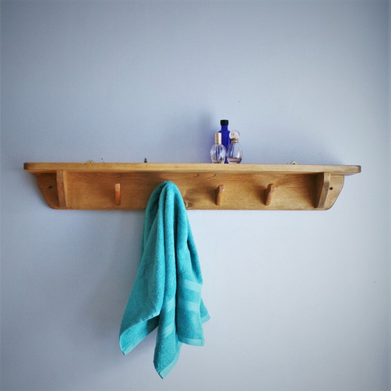 Wooden bathroom wall shelf with hooks 90 cm long 4 wooden Etsy