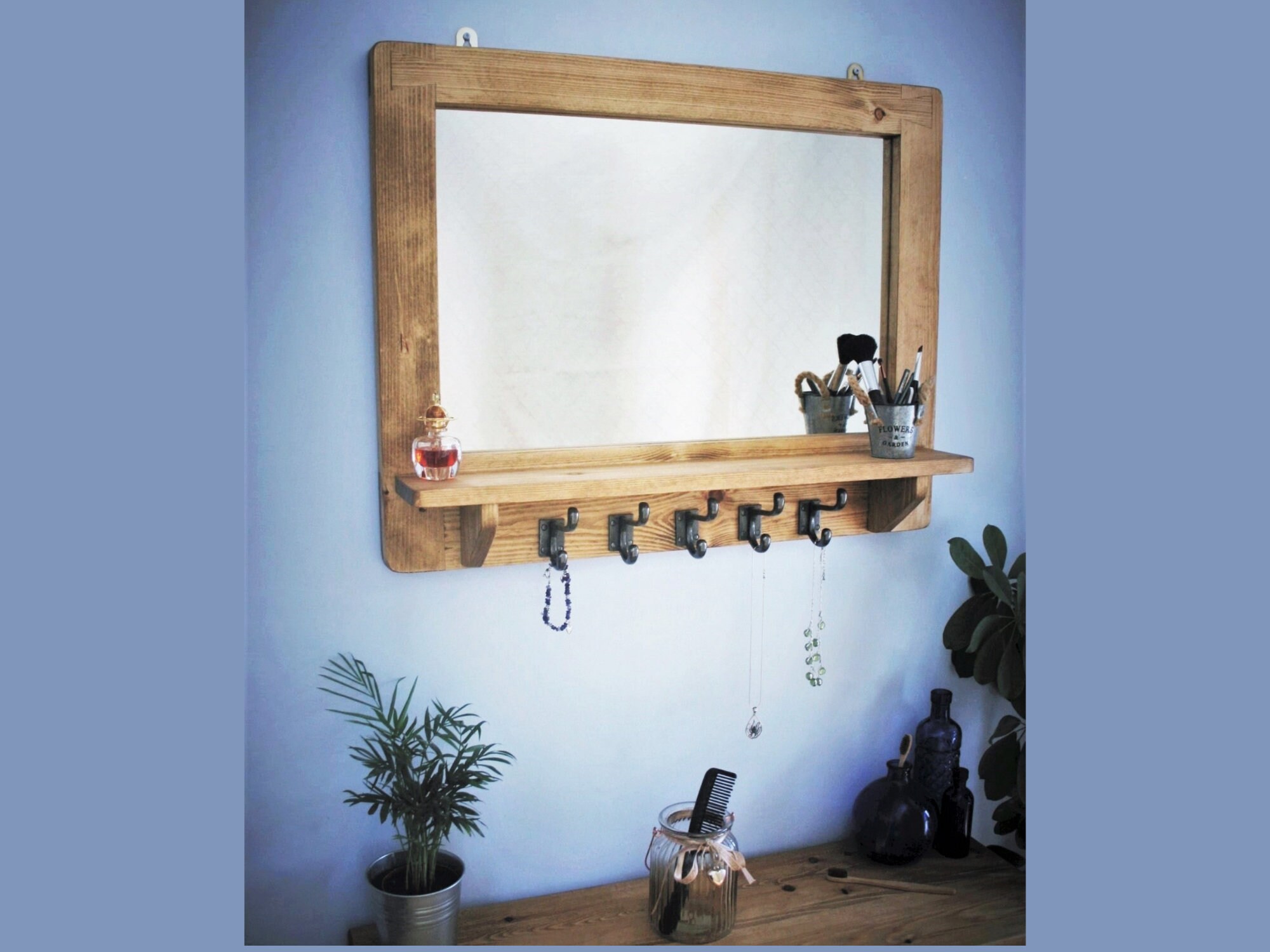 Large Mirror With Shelf & 5 Iron Hooks Wide Rustic Wooden - Etsy UK