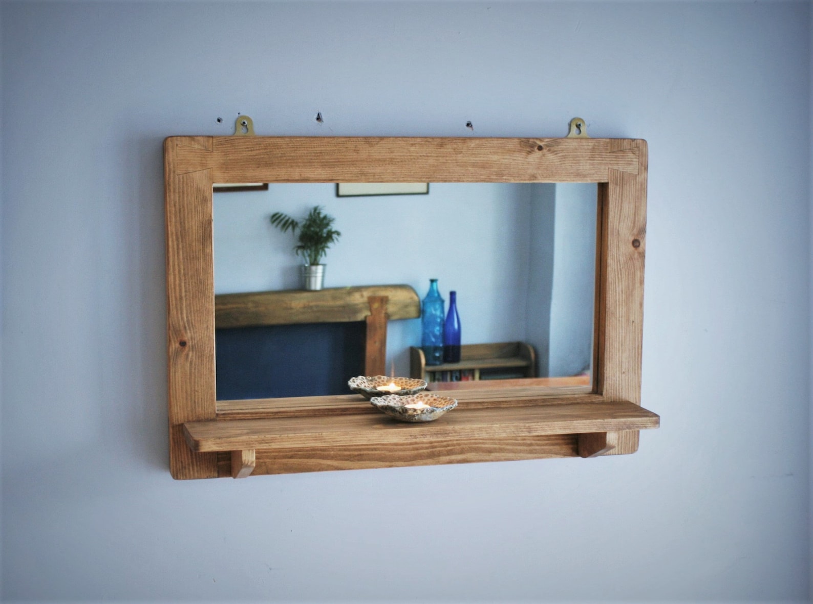 Large Wooden Mirror With Shelf Rustic Hallway Bathroom and Etsy