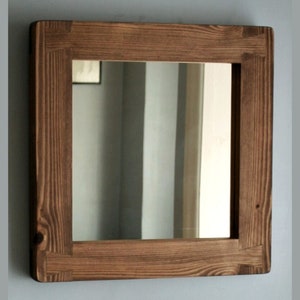 square wall mirror with thick frame in natural rustic wood, small hallway, bathroom, bedroom, industrial, farmhouse style from Somerset UK Dark Danish Oil