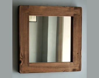 square wall mirror with thick frame in natural rustic wood, small hallway, bathroom, bedroom, industrial, farmhouse style from Somerset UK