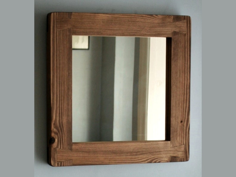square wall mirror with thick frame in natural rustic wood, small hallway, bathroom, bedroom, industrial, farmhouse style from Somerset UK Dark Danish Oil
