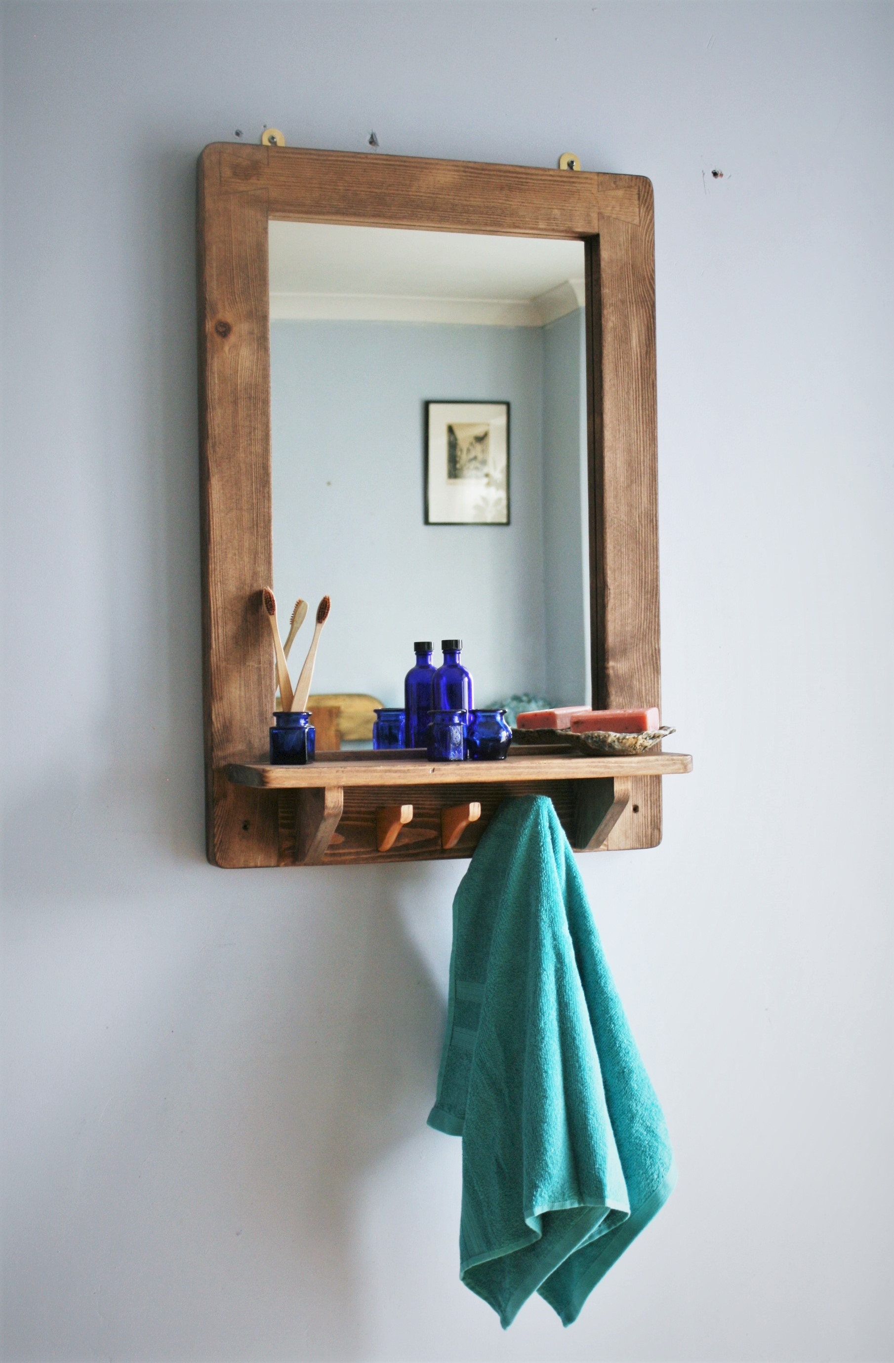 Large mirror with shelf & 3 coat hooks tall dark wood hallway Etsy