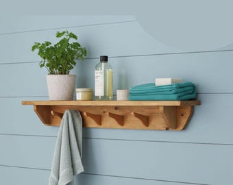 wooden bathroom wall shelf with 4 to 6 peg, towel, coat hooks 90 cm long, industrial, boho, rustic farmhouse, custom handmade in Somerset UK